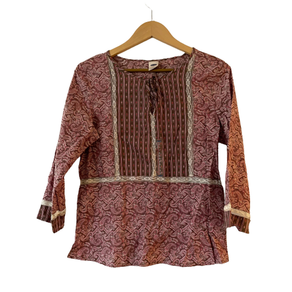 Old Navy Size L Brown Paisley Floral Blouse Top Lace Trim Keyhole‎ Tie Neck NWT